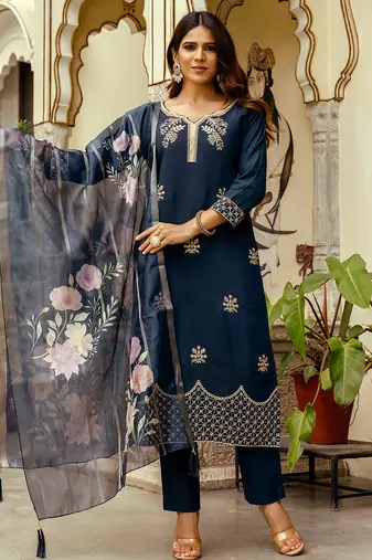 Navy blue viscose chanderi heavy thread embroidery work with printed dupatta kurta pant set