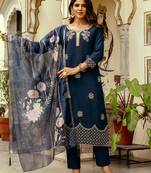 Navy blue viscose chanderi heavy thread embroidery work with printed dupatta kurta pant set