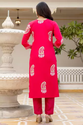 pink rayon printed kurta pant set with chanderi dupatta