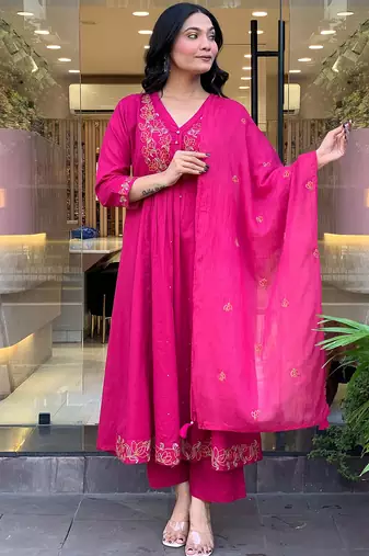 Rani pink chanderi silk heavy thread embroidery work kurta pant set