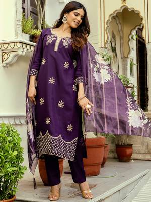 wine viscose chanderi thread embroidery kurta pant set with printed dupatta 1