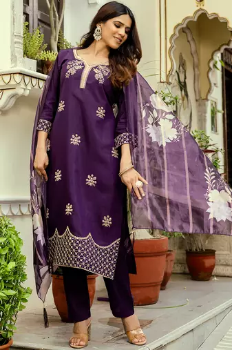 Wine viscose chanderi heavy thread embroidery work with printed dupatta kurta pant set