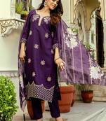 Wine viscose chanderi heavy thread embroidery work with printed dupatta kurta pant set