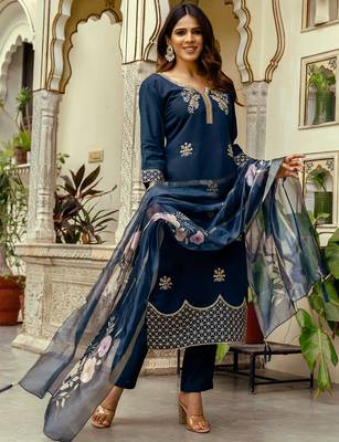 navy blue viscose chanderi thread embroidery kurta pant set with printed dupatta 2