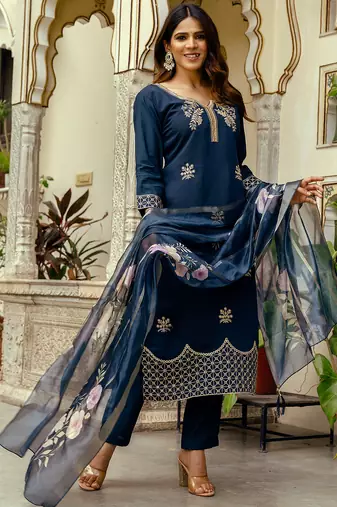 navy blue viscose chanderi thread embroidery kurta pant set with printed dupatta
