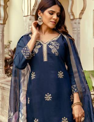 navy blue viscose chanderi thread embroidery kurta pant set with printed dupatta 3