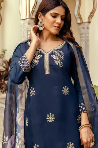 navy blue viscose chanderi thread embroidery kurta pant set with printed dupatta