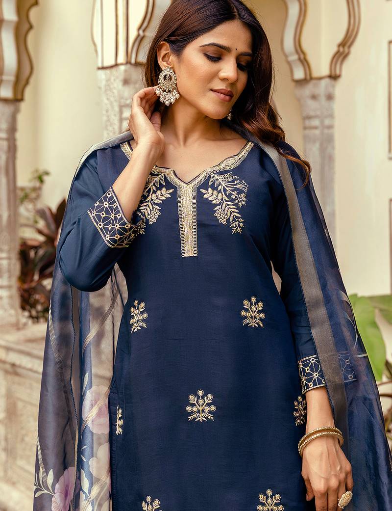 Navy blue viscose chanderi heavy thread embroidery work with printed dupatta kurta pant set