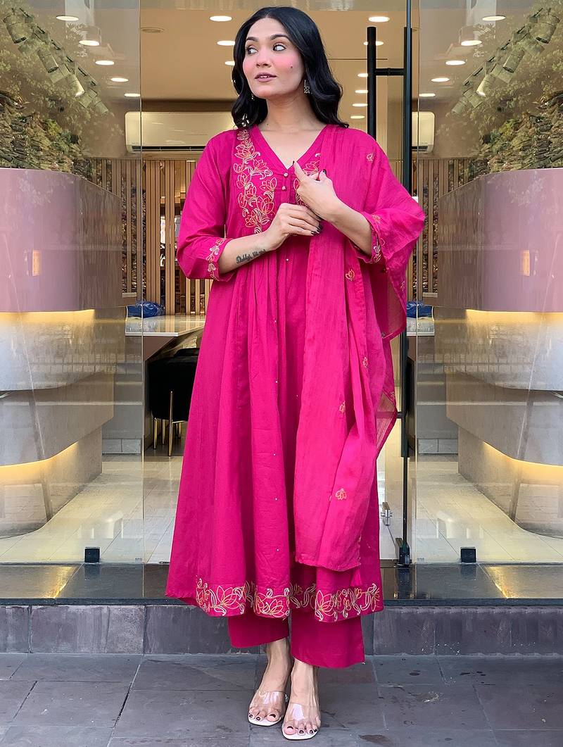 Rani pink chanderi silk heavy thread embroidery work kurta pant set