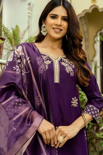 wine viscose chanderi thread embroidery kurta pant set with printed dupatta