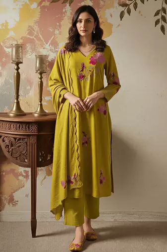 Mustard chanderi silk heavy thread embroidery work kurta pant set