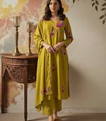 Mustard chanderi silk heavy thread embroidery work kurta pant set