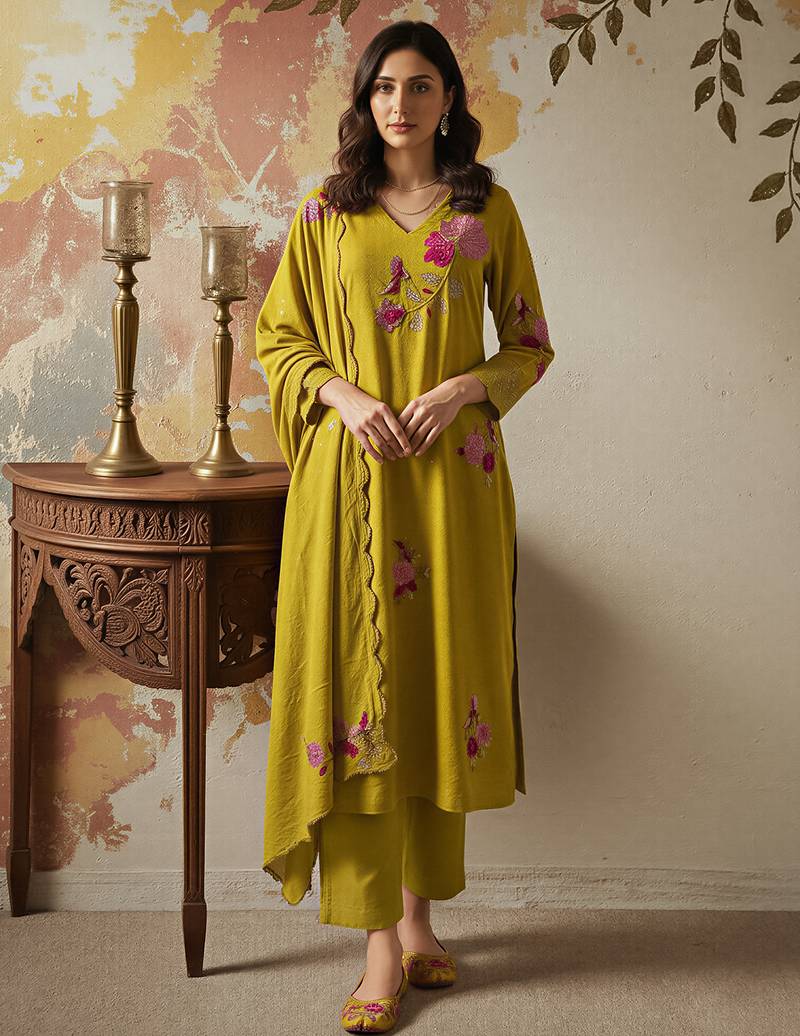 Mustard chanderi silk heavy thread embroidery work kurta pant set