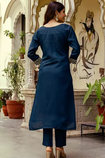 navy blue viscose chanderi thread embroidery kurta pant set with printed dupatta