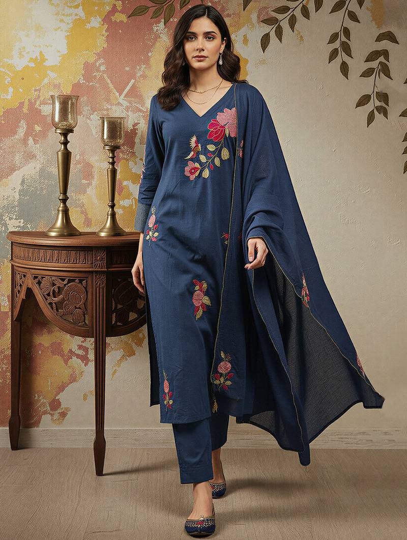 Navy blue chanderi silk heavy thread embroidery work kurta pant set