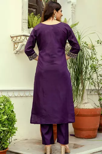 wine viscose chanderi thread embroidery kurta pant set with printed dupatta