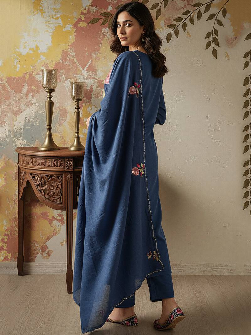Navy blue chanderi silk heavy thread embroidery work kurta pant set