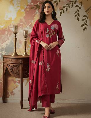 maroon chanderi silk heavy thread embroidery kurta pant set with dupatta 1
