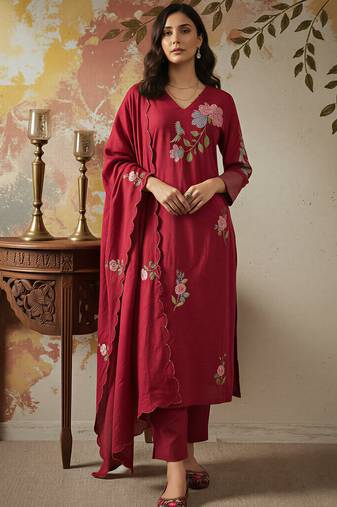 maroon chanderi silk heavy thread embroidery kurta pant set with dupatta