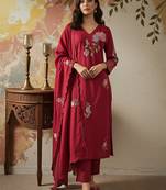 Maroon chanderi silk heavy thread embroidery work kurta pant set