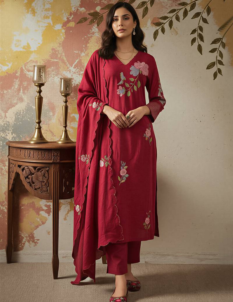 Maroon chanderi silk heavy thread embroidery work kurta pant set