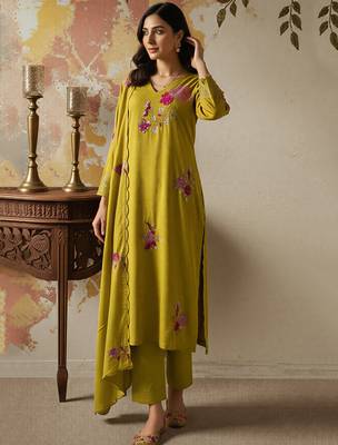 mustard chanderi silk heavy thread embroidery kurta pant set with dupatta 2