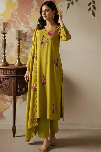 mustard chanderi silk heavy thread embroidery kurta pant set with dupatta