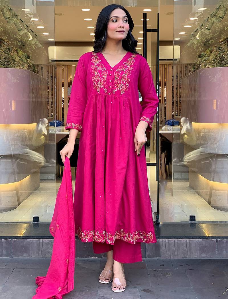 Rani pink chanderi silk heavy thread embroidery work kurta pant set