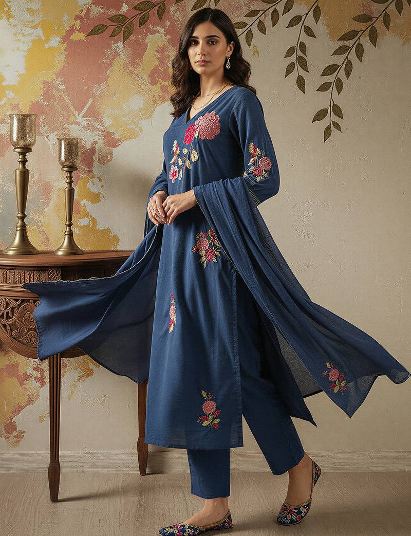 Navy blue chanderi silk heavy thread embroidery work kurta pant set