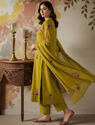 mustard chanderi silk heavy thread embroidery kurta pant set with dupatta 3