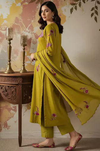 mustard chanderi silk heavy thread embroidery kurta pant set with dupatta