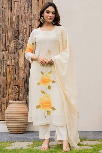 Cream viscose chanderi print with thread embroidery work kurta pant set