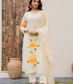 Cream viscose chanderi print with thread embroidery work kurta pant set