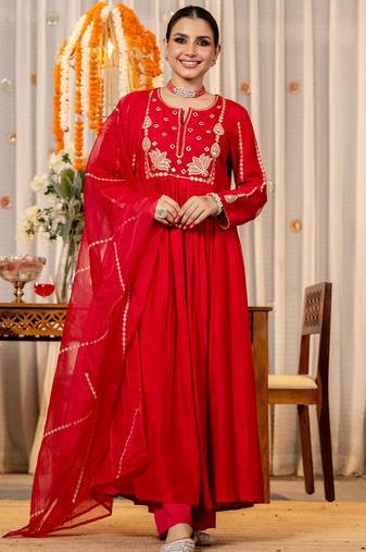 red chanderi silk heavy thread embroidery kurta pant set with dupatta