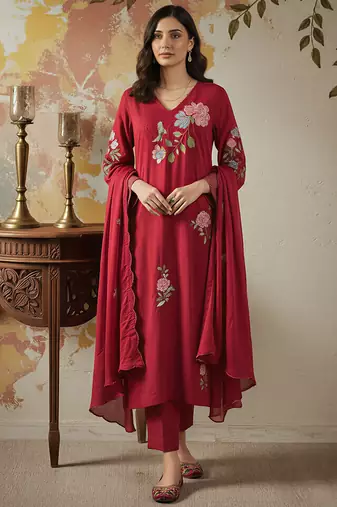 maroon chanderi silk heavy thread embroidery kurta pant set with dupatta