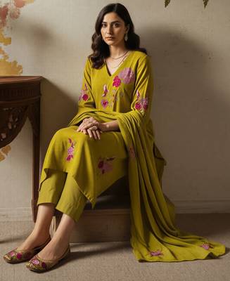 mustard chanderi silk heavy thread embroidery kurta pant set with dupatta 4