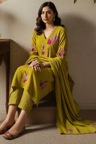 mustard chanderi silk heavy thread embroidery kurta pant set with dupatta