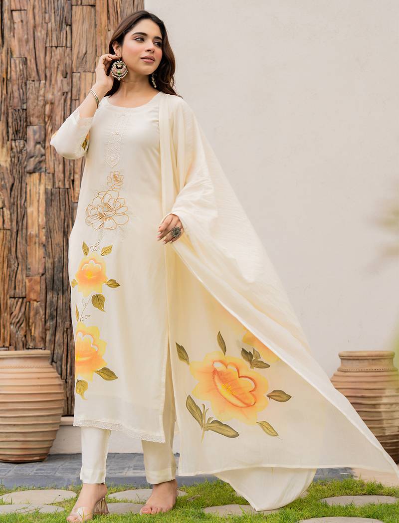 Cream viscose chanderi print with thread embroidery work kurta pant set