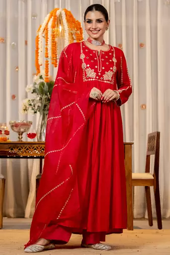 red chanderi silk heavy thread embroidery kurta pant set with dupatta