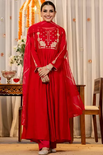 red chanderi silk heavy thread embroidery kurta pant set with dupatta