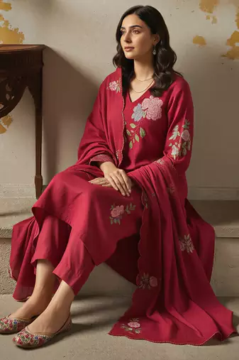 maroon chanderi silk heavy thread embroidery kurta pant set with dupatta