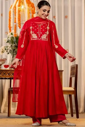 red chanderi silk heavy thread embroidery kurta pant set with dupatta