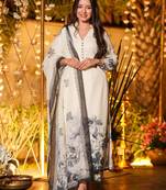 Cream viscose chanderi printed kurta pant set