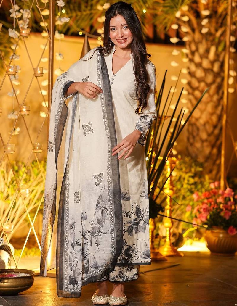Cream viscose chanderi printed kurta pant set