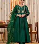 Green chanderi silk heavy thread embroidery work kurta pant set