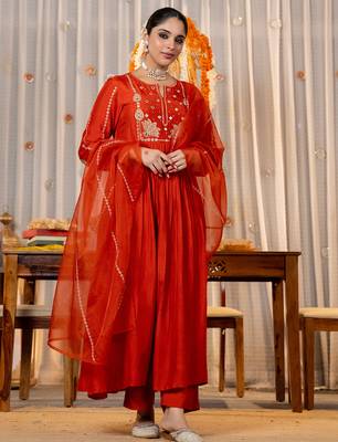 rust chanderi silk heavy thread embroidery kurta pant set with dupatta 1