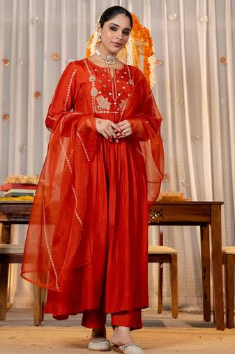 rust chanderi silk heavy thread embroidery kurta pant set with dupatta