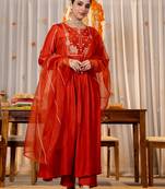 Rust chanderi silk heavy thread embroidery work kurta pant set