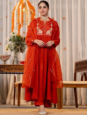 rust chanderi silk heavy thread embroidery kurta pant set with dupatta 2