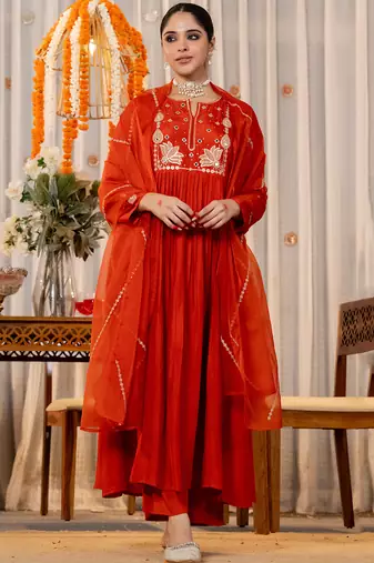 rust chanderi silk heavy thread embroidery kurta pant set with dupatta